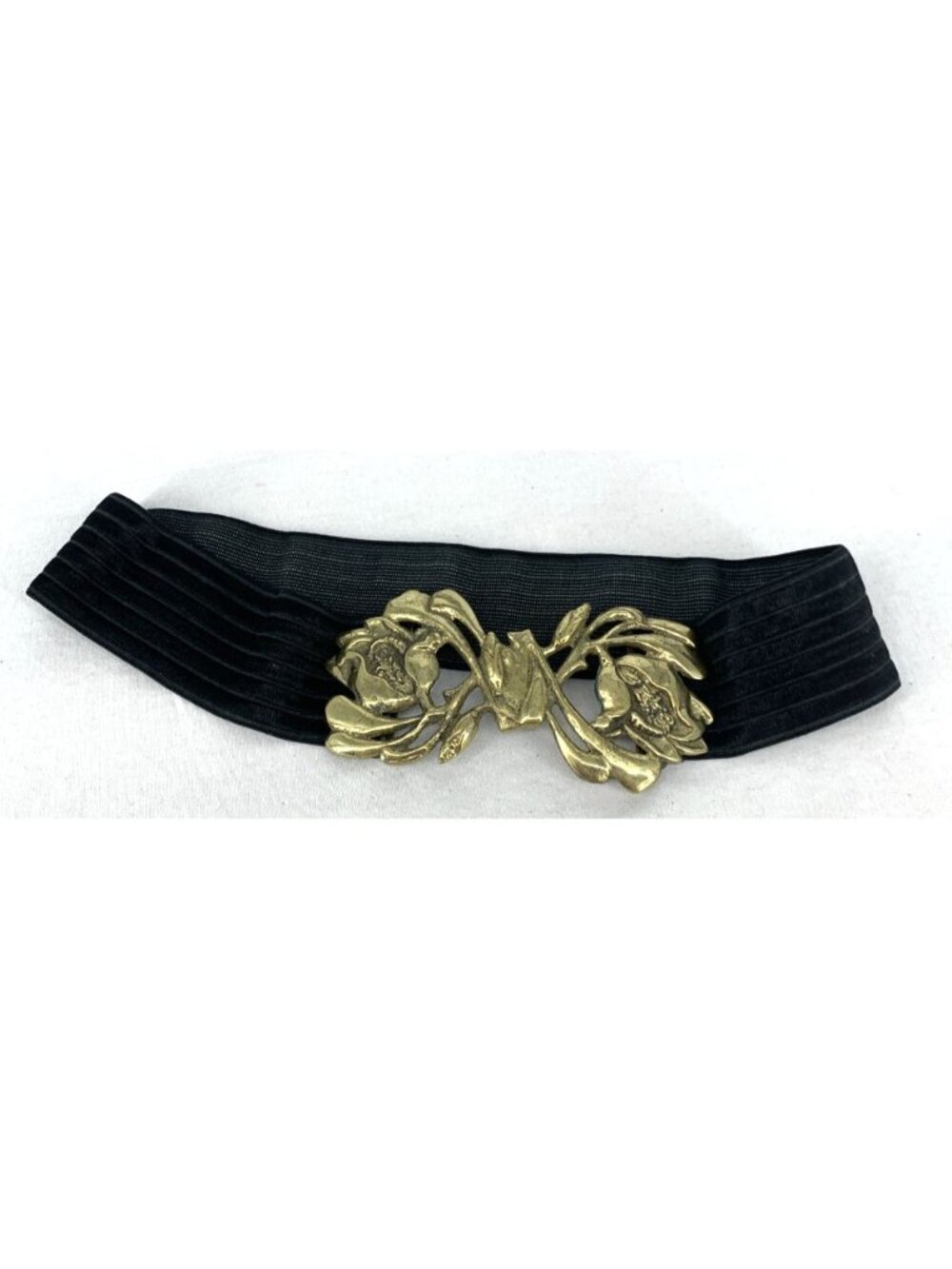 Brutalist Black Belt Brass Buckle Elastic Stretch Sz 26-30 Vintage